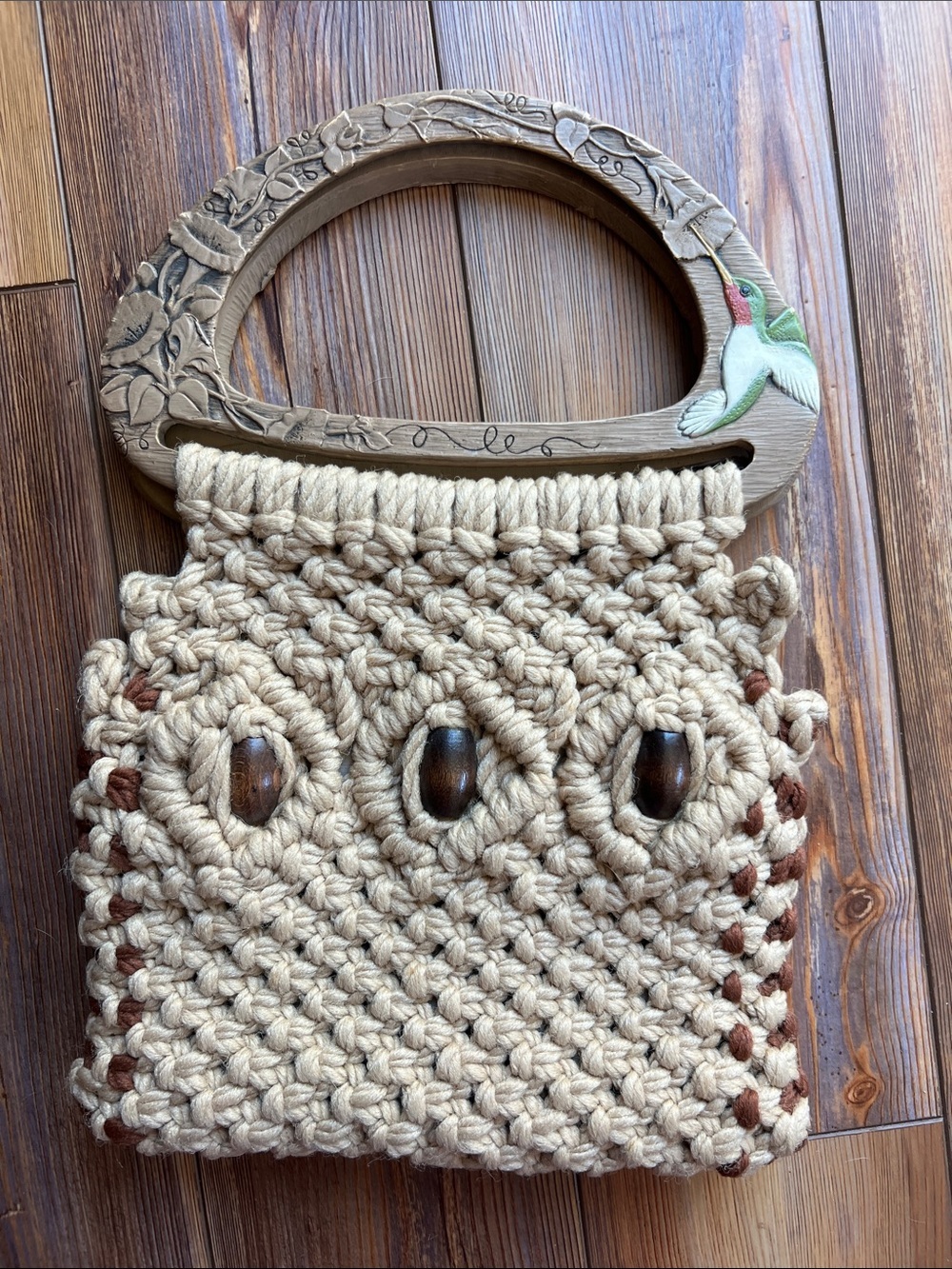 Handmade Macramé Purse with Wood Handles and Bead Accents